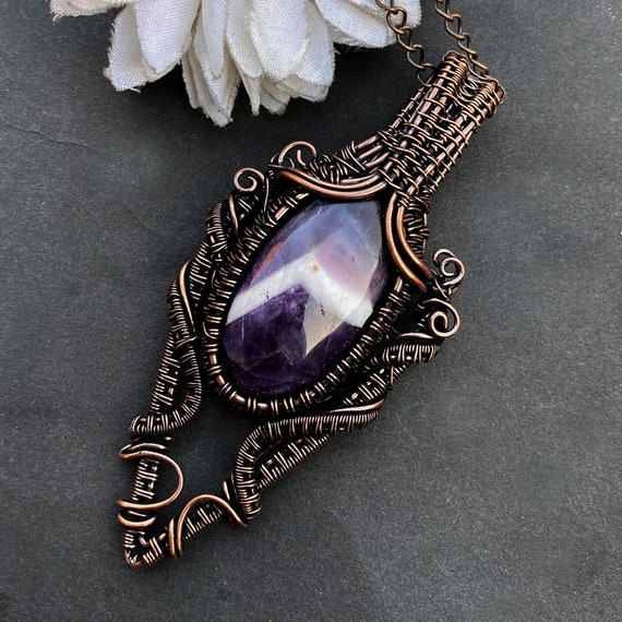 Amethyst Copper Wire Pendent / Men/women Necklace/ Wire Wrapped Copper Jewelry/ Oxidized Pendent