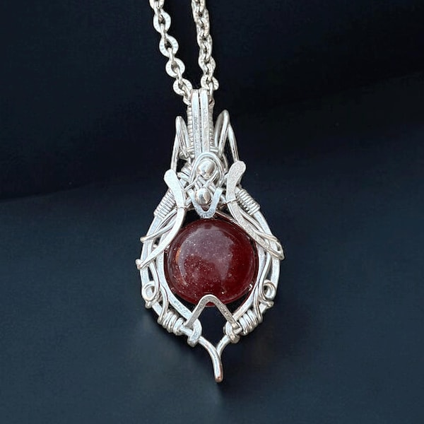 Strawberry Quartz Pendant Necklace: Silver Wire Wrapped Bohemian Jewelry