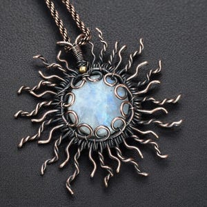 Moonstone Sun Copper Wire Wrapped Pendant: Boho Jewelry Gift