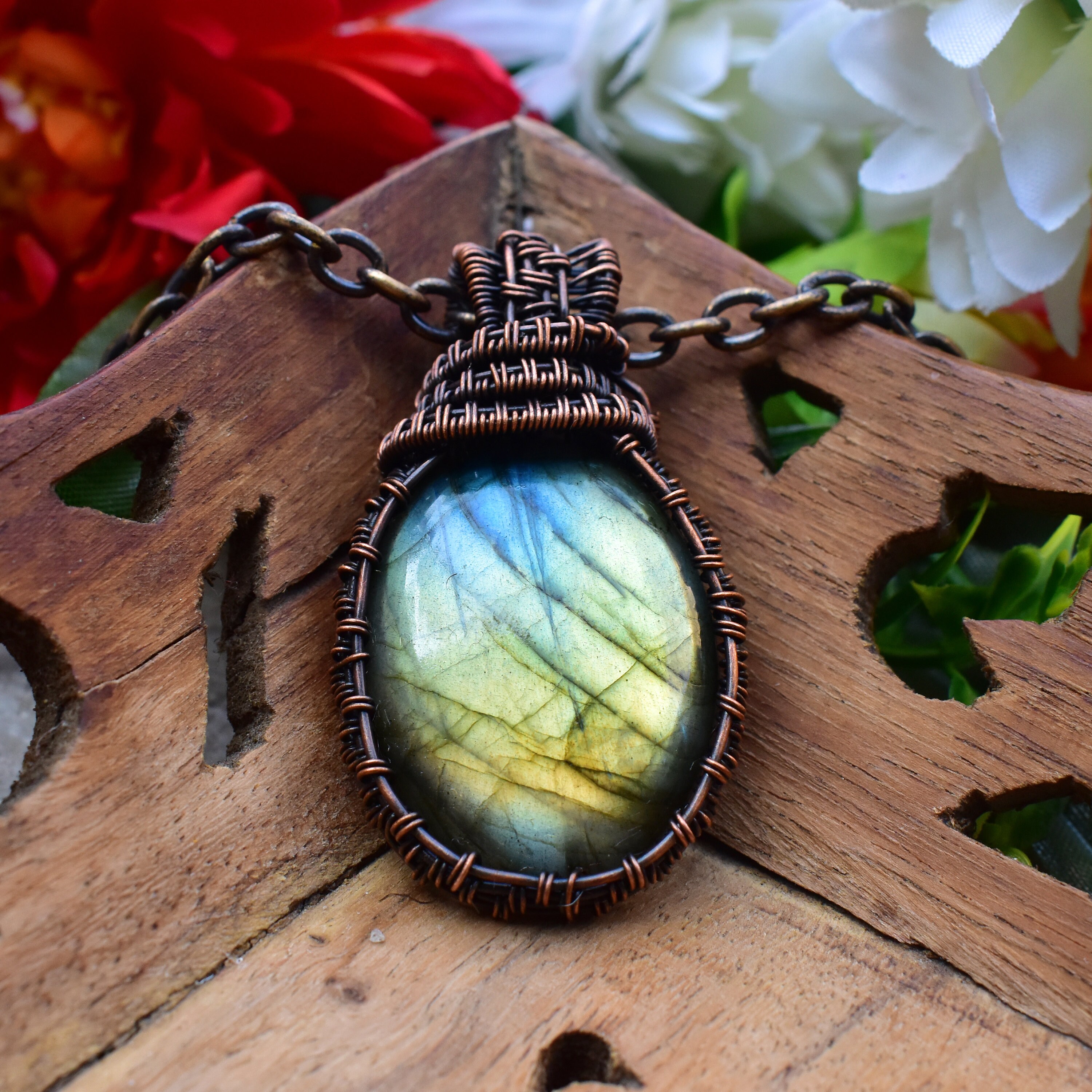 Handmade Wire Wrapped Copper and Blue and Green Flash Labradorite Pendant