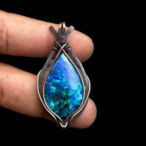 Blau Azurit Kupferdraht Gewickelt Anhänger Halskette: Handgemachter Schmuck