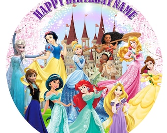 May include: A round cake topper featuring a colorful illustration of Disney princesses, including Snow White, Cinderella, Ariel, Belle, and more. The princesses are standing in front of a castle with a pink and blue sky background. The text "Happy Birthday Name" is written in purple letters around the top of the cake topper.