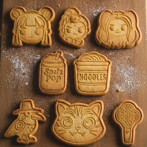 Pode incluir: Uma coleção de biscoitos com design intrincado, cada um com uma forma única e detalhes em relevo. Os biscoitos incluem rostos, um refrigerante, uma tigela de macarrão, um corvo, um gato e um design decorativo. Os biscoitos são castanho-dourados e dispostos sobre uma superfície de madeira.