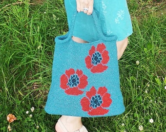 Crochet Handbag With Poppies, Shopping Bag