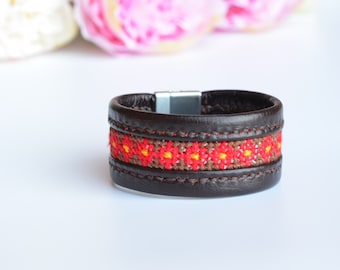 Leather Bracelet, Cross Stitch, Magnetic Clasp