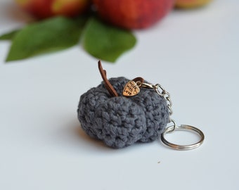 Crochet Pumpkin Keychain, Grey Keyring