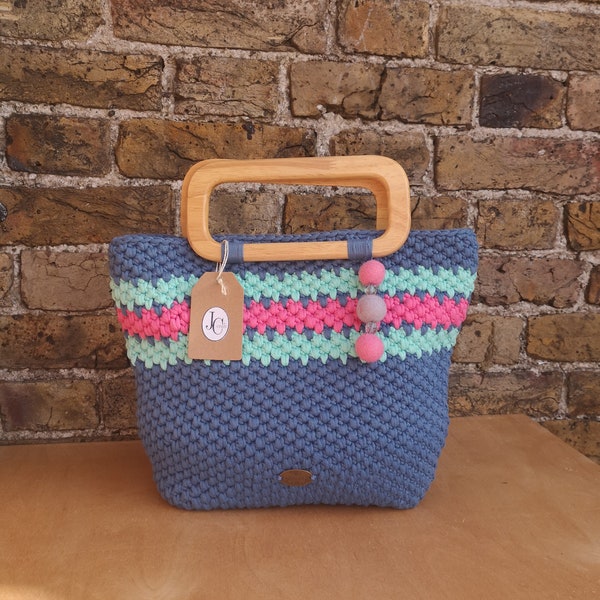 Blue Crochet Handbag, Wooden Handles, Holiday Bag