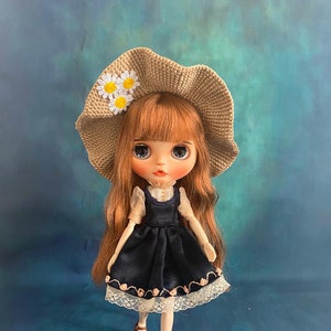 Best affordable Christmas gift, country style, classic vintage Blythe cloth, Outfit custom dress, Azone, OB22, OB24,silk, cotton embroidery With Straw Hat