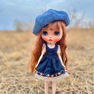 Best affordable Christmas gift, country style, classic vintage Blythe cloth, Outfit custom dress, Azone, OB22, OB24,silk, cotton embroidery With Beret Hat