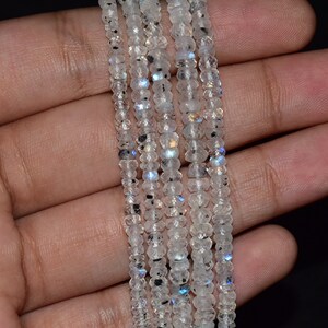 Natural White Rainbow Moonstone Rondelle Faceted Gemstone Beads 13 Inch Strand 3 mm - 4 mm