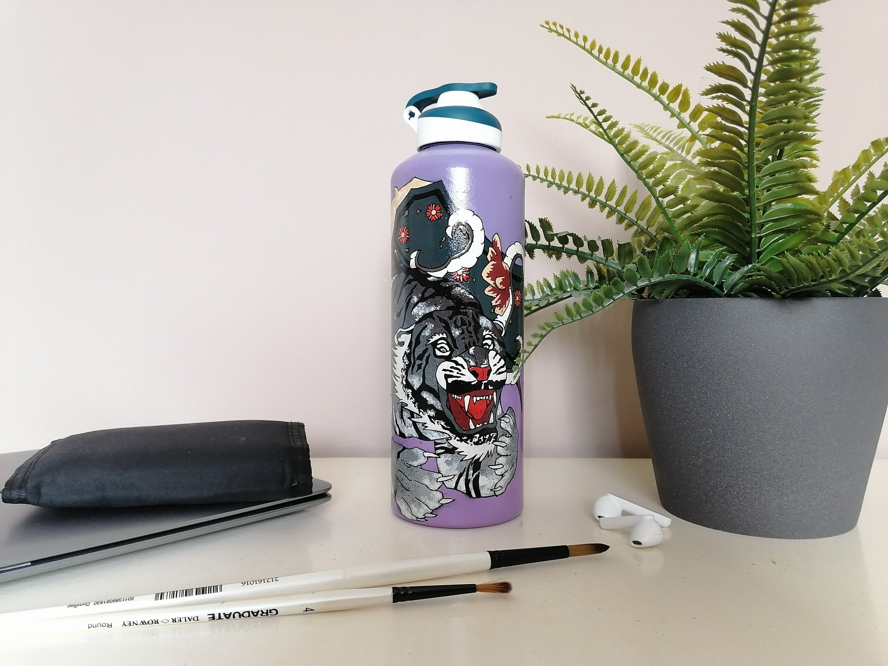 Tigre Des Montagnes Style Tatouage Chinois - Gourde Customisée Peinte à La Main 1L/33 Oz