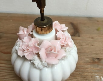 Vintage perfume atomiser, floral pink and white,French,fluted base,flowers,dressing table,bedroom,collectible,collection,display,ornament,