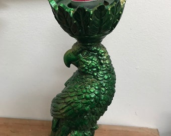 Parrot candle holders, green, diamante eyes, gold, t light, tapered, decoration, ornament, display, home, Fionaforthartisan, tall, table,