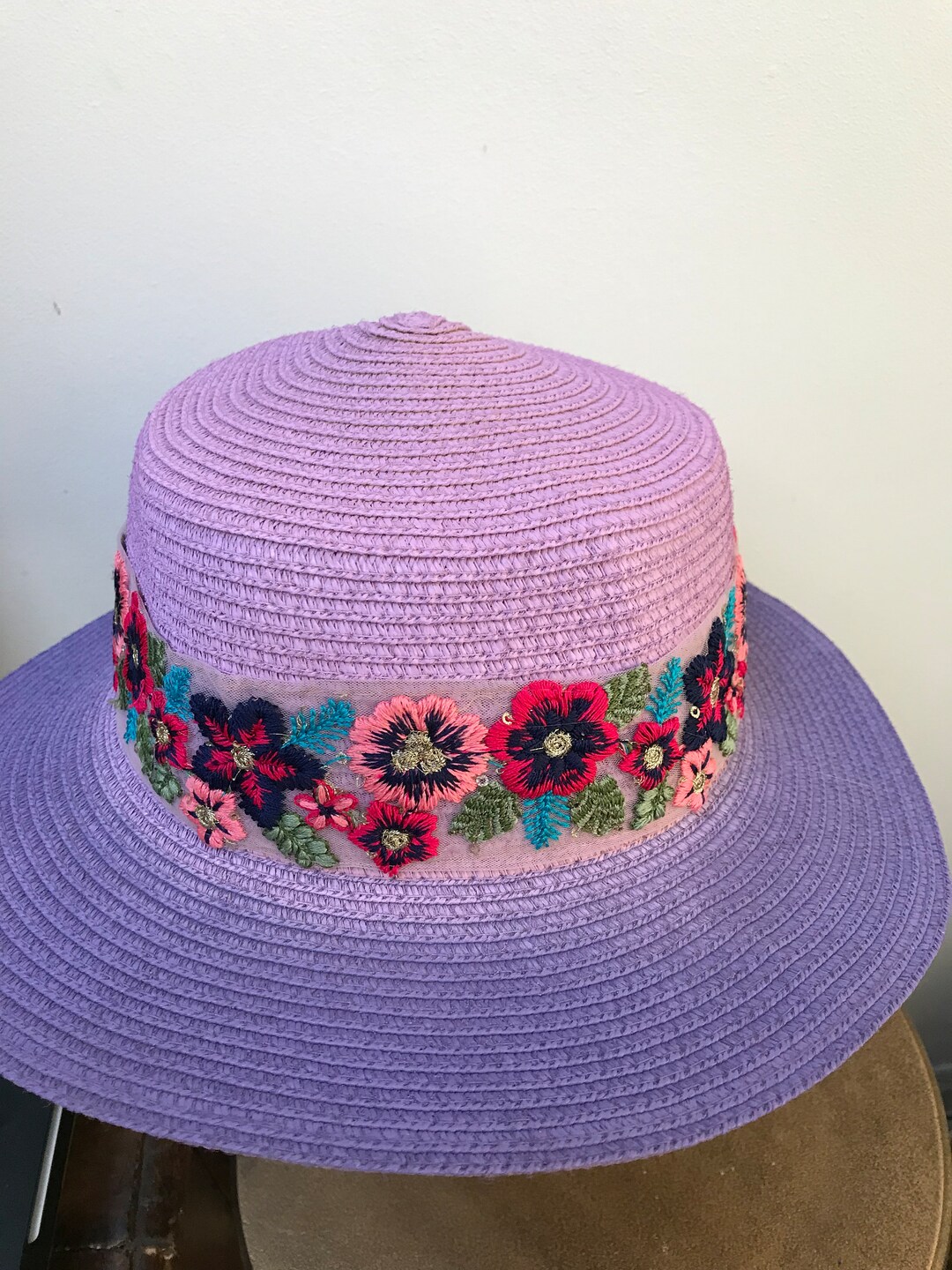 Purple and Lilac Straw Hat, Embroidered Floral Ribbon, Adjustable Inner