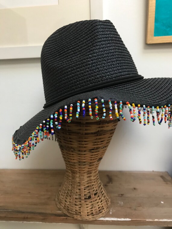 Black Straw Beaded Hat,wide Brim,rainbow Beads,beach,summer  display picture 2