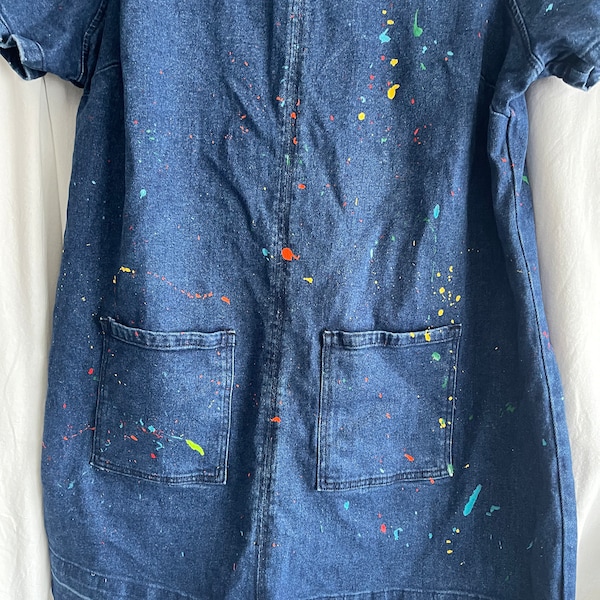 Denim splatter painted dress with short sleeves and pockets, back zip, multicoloured, jeans, blue, spring, summer, unique, rustic, bohemian