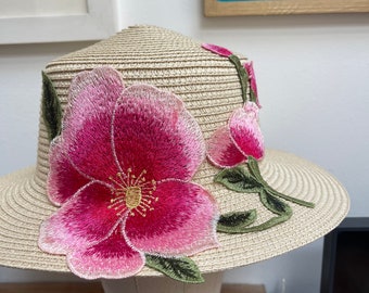 Straw embellished hat with floral appliqué, pink and pale pink, leaves, wedding, special occasion, festival, adjustable inner strap, unique