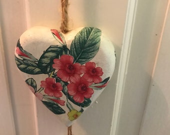 Heart,ornament,hanging,window,display,decoration,pink,flowers,floral,homedecor,door hanging,knob,tassels,key ring,wood,painted,wall,hook,