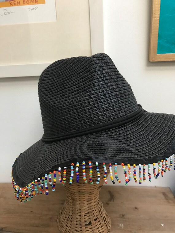 Black Straw Beaded Hat,wide Brim,rainbow Beads,beach,summer  display picture 1