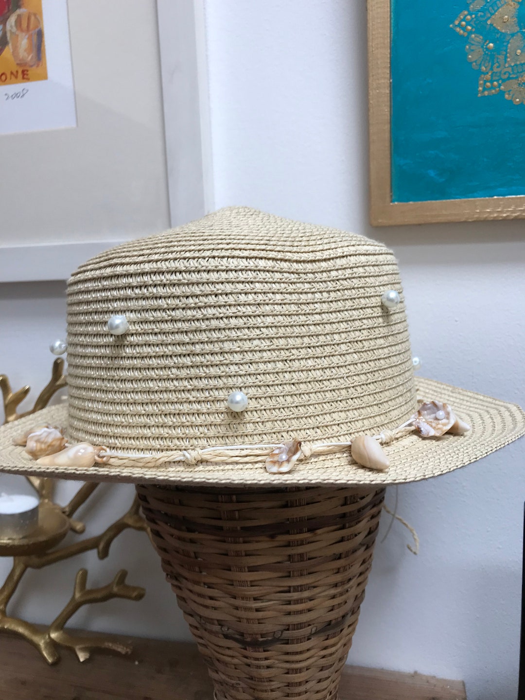 Straw Hat Shell Straw Hat,shells and Pearls,summer,beach,garden Party,picnic,shade ...