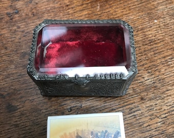Trinket box,french,glass bevelled lid,legs,metal,lined,earrings,storage,display,decoration,ornament,stamps,office,sewing,keepsake,collection