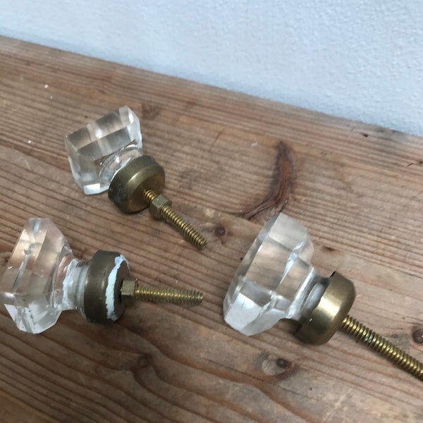 Vintage glass bevelled drawers/cupboard knobs, square, see through, pre loved, clear, brass fittings, fionaforthartisan, furniture, opening