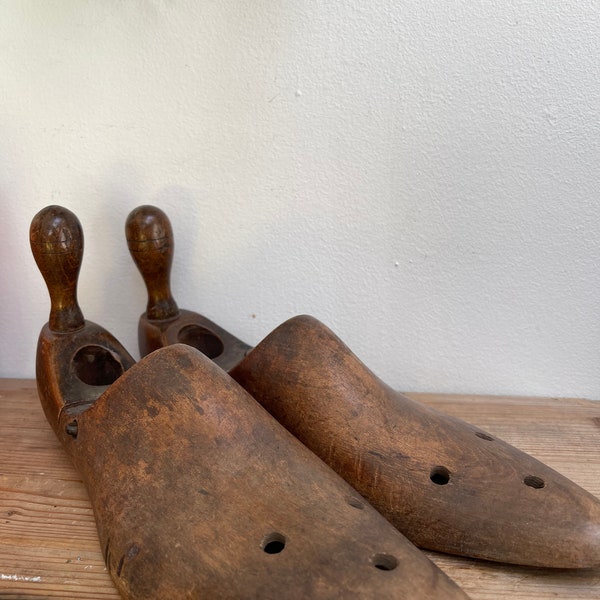 Vintage wooden shoe trees/ lasts, folding, hinged, decorative, bookends, door stop, loo roll holder, hollow, cobblers, foot, feet, pointed