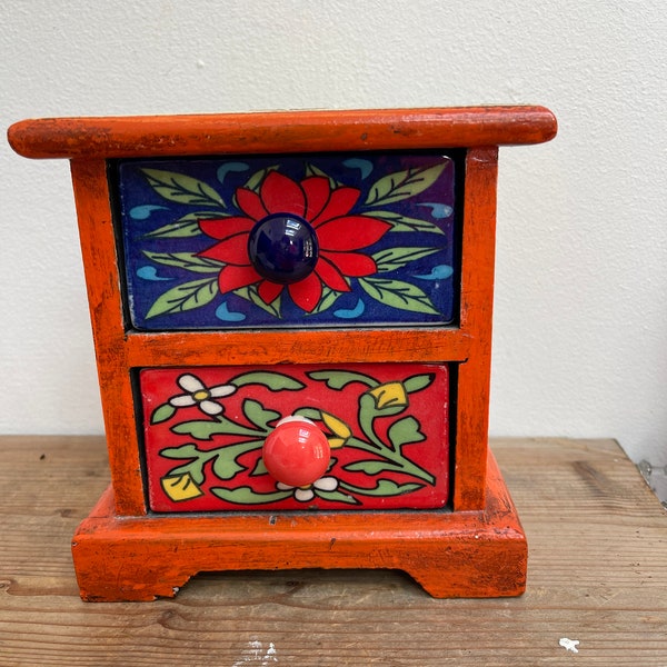 Two drawers ceramic Indian design chest of drawers, multi coloured, knobs, orange, floral, preloved, odds and ends, jewellery, office, herbs