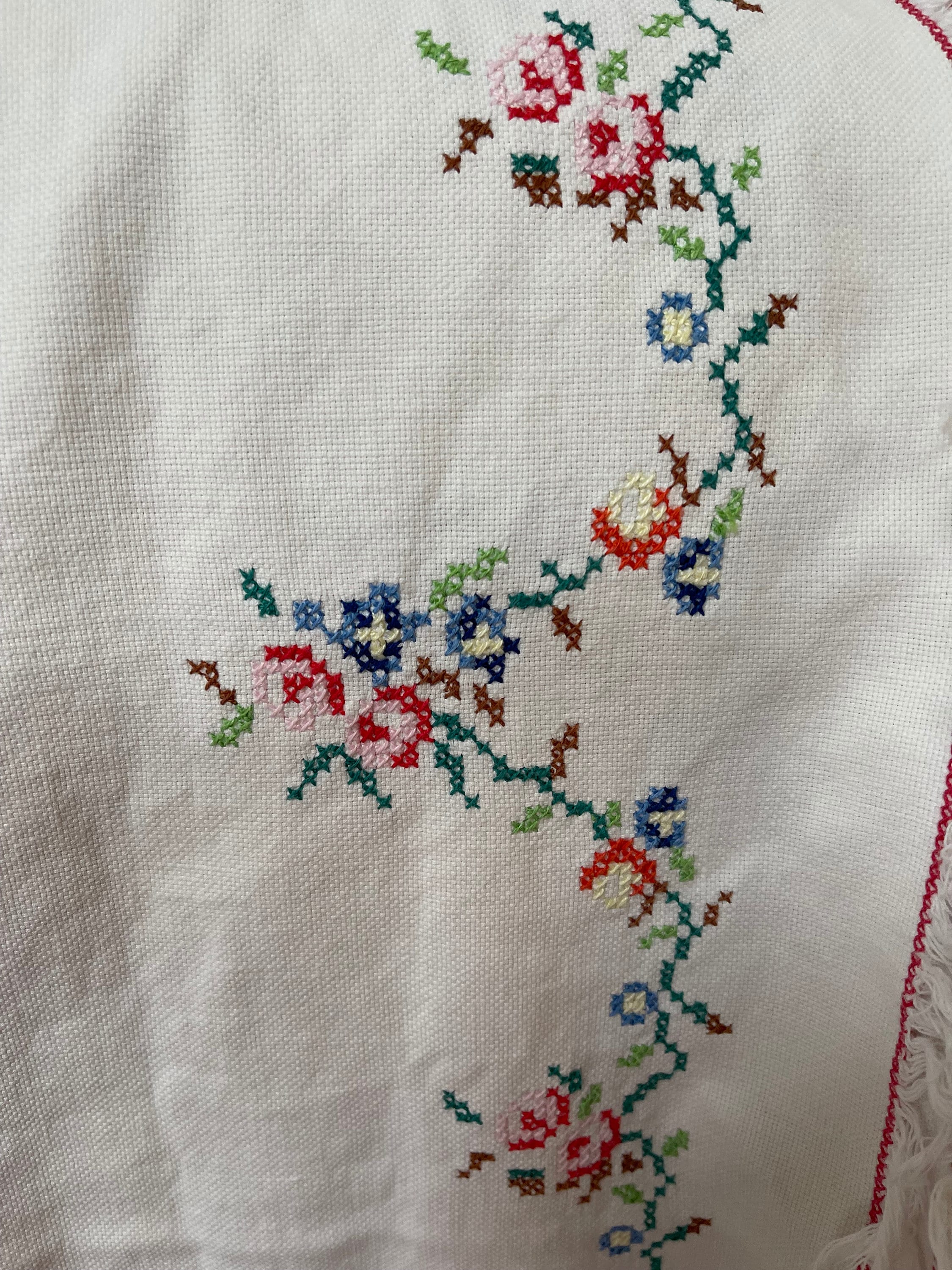 Vintage 花柄刺繍のテーブルクロス エメラルドグリーン レア