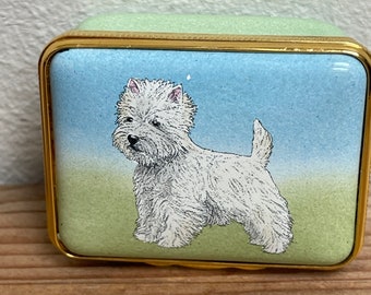 Halcyon Days enamel West Higland Terrier trinket box, vintage, writing, preloved, collection, dog, blue, green, Scotland,  canine, ornament