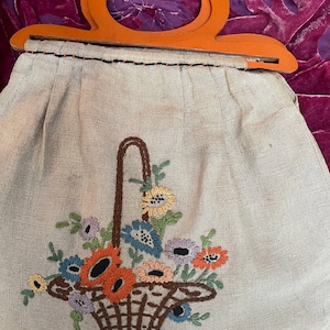 Vintage hand embroidered knitting bag with wooden handles, linen, preloved, floral posy, wooden handles, basked, hand stitched, handbag, old