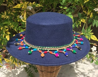 Fedora hat,navy blue,felt,rainbow ribbon droplets,wedding,everyday,fashion,head wear,sombrero,gold,classic,millinery,brim,one size,handmade