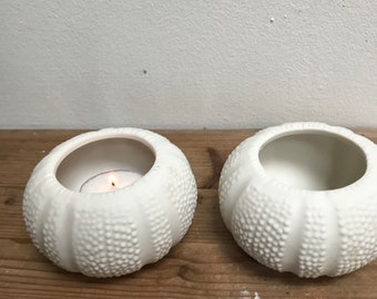 Sea urchin porcelain tea light holders, candles, costal, beach theme, seaside, table decoration, white, circular, round, display, ribbed,