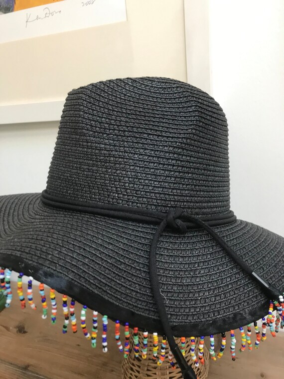 Black Straw Beaded Hat,wide Brim,rainbow Beads,beach,summer 
