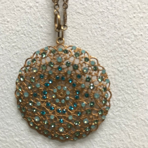 Catherine Popesco La Vie Parisienne,filigree pendant,Swarovski crystals,Art Deco,aqua marine,pacific ocean,gold on brass,chain,earrings,set