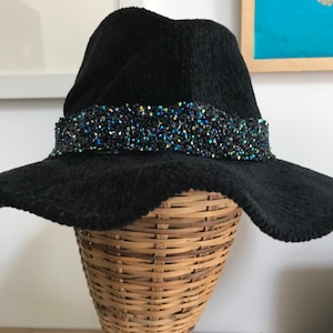 Black winter hat,warm and cosy,outdoor,walking,gardening,rhinestone trim,unique,accessories,wardrobe,fashion,scarf,trilby,brim.adjustable,
