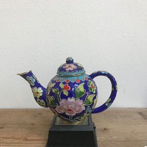 Cloisonné blue enamel teapot, floral, flowers, display, ornament, decoration, collection, collectible, home, shelf, multicoloured, lid, red