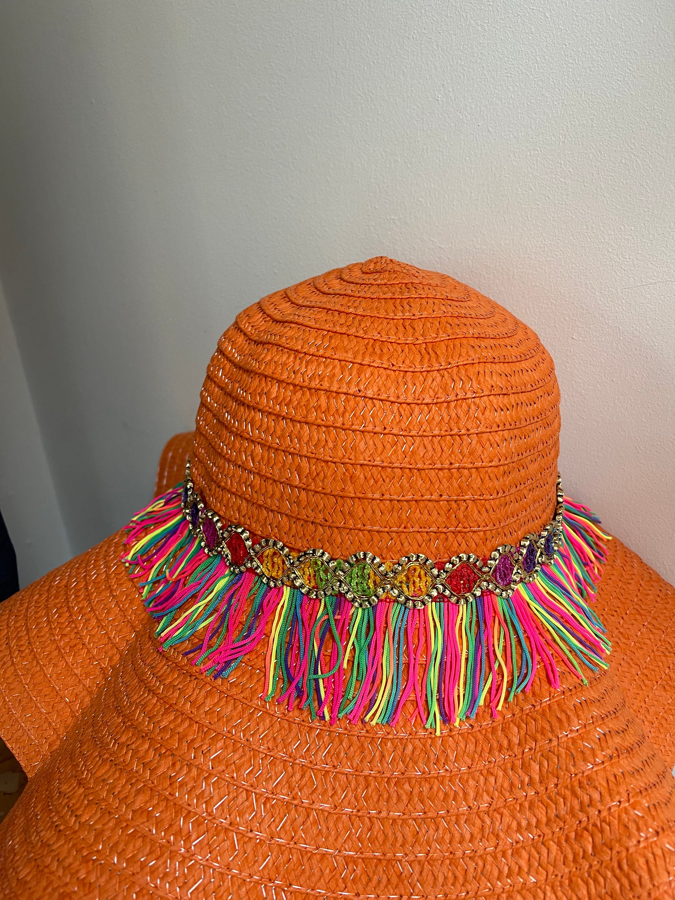Well made sturdy straw orange & white floppy hat. NWT Giant Floppy Big Straw Hat | Wide Brim | Eric Javits main image 4