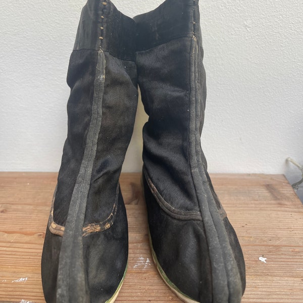 Antique black silk Chinese boots with trim, leather hand stitched soles, green silk trimming to base, lined, scroll pattern, preloved,