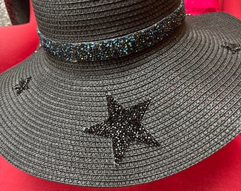 Black rhinestones sparking straw hat, stars, glitter, band, embellished, wide brim, garden, holiday, beach, wedding, special occasions, hat