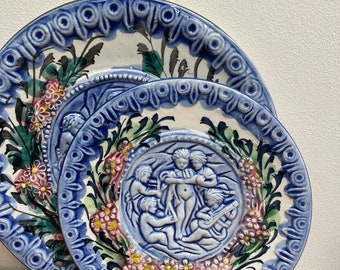 Vintage French Majolica Putti pottery plate, Barbotine, cherubs, musical, musicians, angles, pre loved, hanging, glass glazed, floral, round
