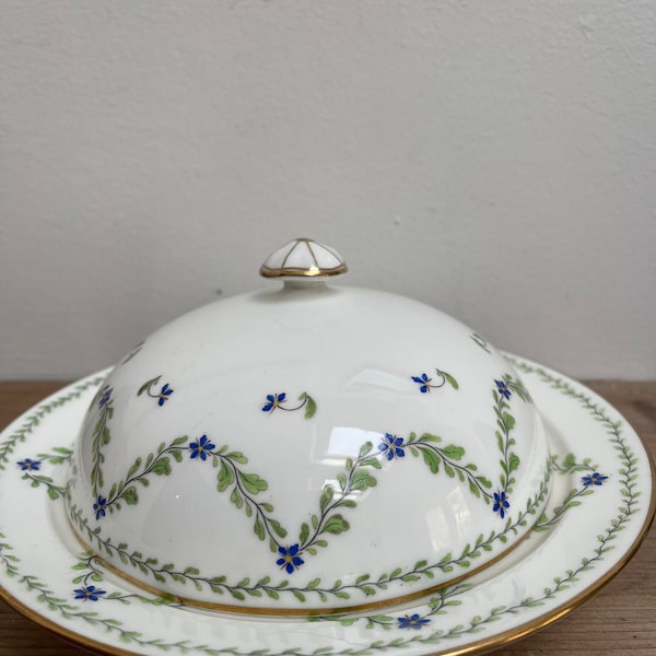 Antique Cauldon muffin dish, floral, blue, gold , white, green, tea party, butter, cheese, pre loved, cake, cream, scones, vintage, gilt,