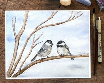 Chickadees in Winter Watercolor Painting | High-Quality Print | Bird Art | 5x7" or 8x10"