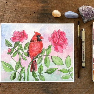 Cardinal in the Roses Watercolor Painting | High-Quality Art Print | Red Male Cardinal on Pink Flowers | 5x7&quot; or 8x10&quot;