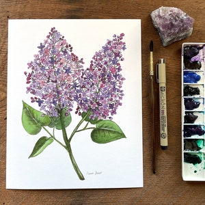 Lilac Blossoms Watercolor Painting High-Quality Art Print Purple Flower 5x7 or 8x10 image 1