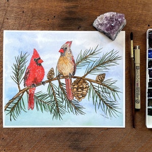 Cardinals on Pine Branch Watercolor Painting | High-Quality Art Print | Bird Art | 5x7&quot; or 8x10&quot;