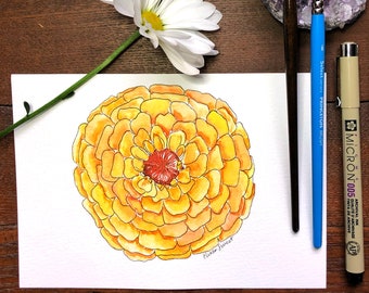 Original Yellow Zinnia Watercolor and Ink Floral Painting, 5x7"