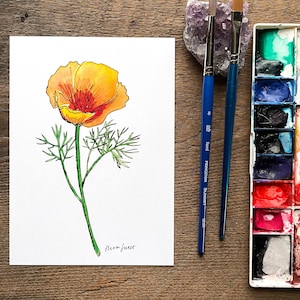 California Poppy Watercolor Painting | High-Quality Art Print | Flower Illustration | 5x7&quot;