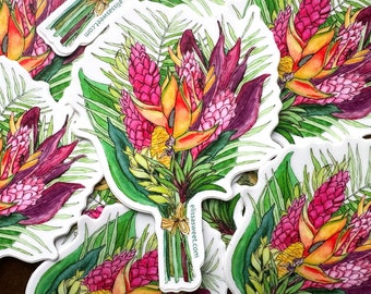 Sticker bouquet tropical | Autocollant en vinyle découpé 3" | Peinture de fleurs roses à l'aquarelle et à l'encre