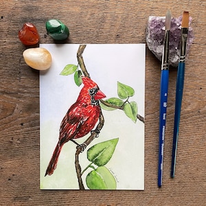 Red Cardinal Watercolor Painting | High-Quality Art Print | Red Bird | Male Cardinal | 5x7&quot;